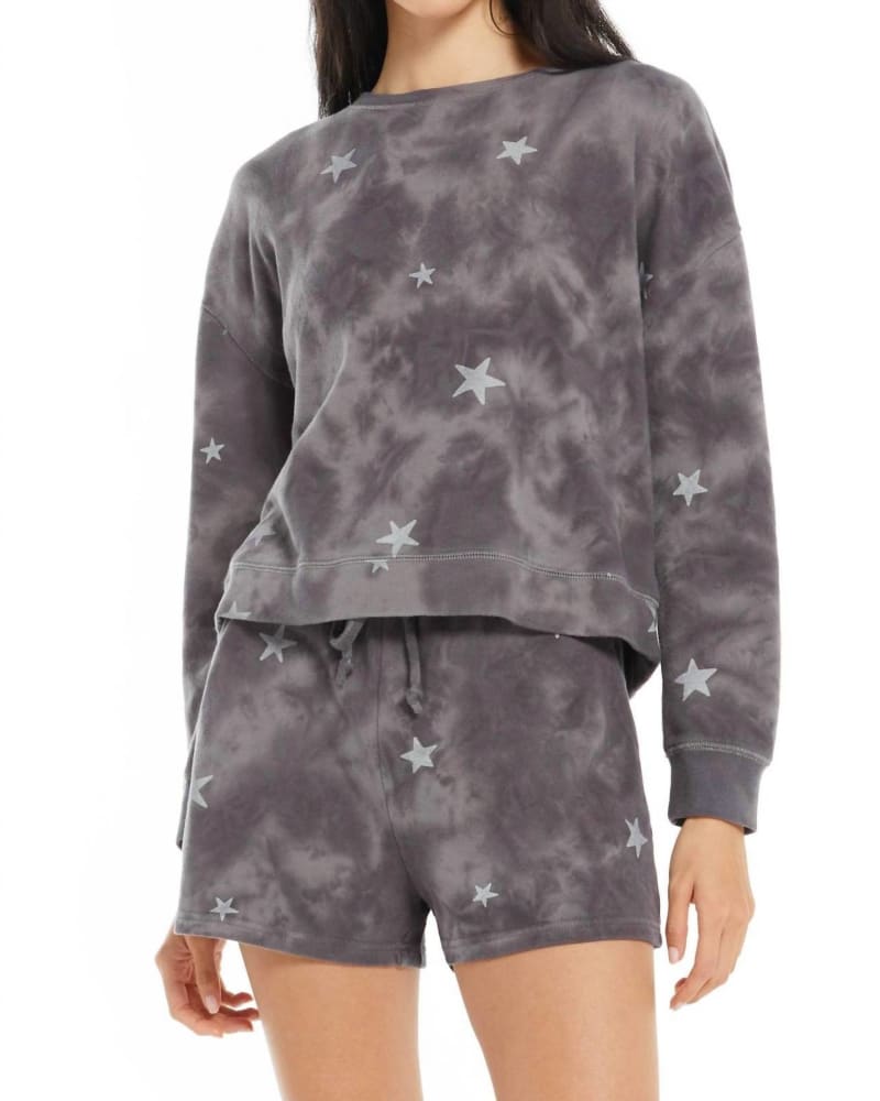 Front of a model wearing a size L Millie Cloud Star Sweatshirt in Washed Black in Washed Black by Z Supply. | dia_product_style_image_id:333779
